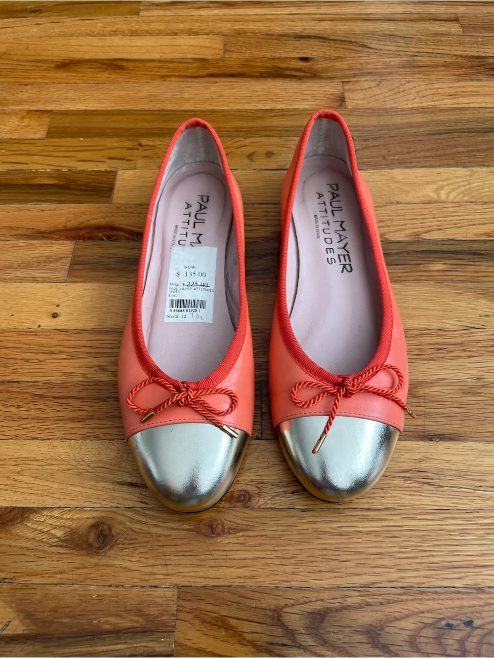 Size 7.5 - Paul Mayer Attitudes Leather Ballet Flats Orange Peach Silver Toe Bow